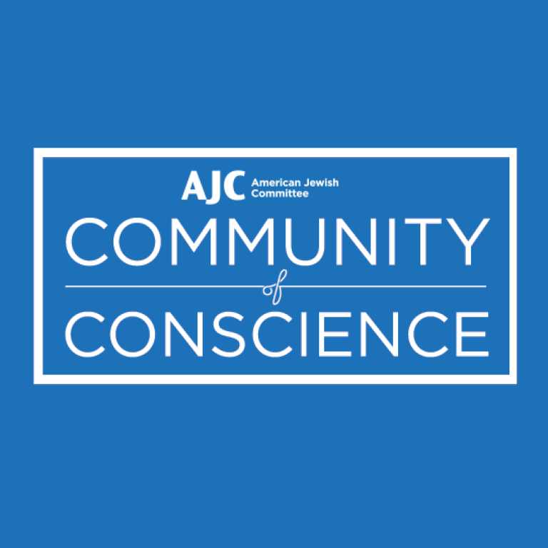 AJC American Jewish Committee - Community of Conscience written in white on a light blue background