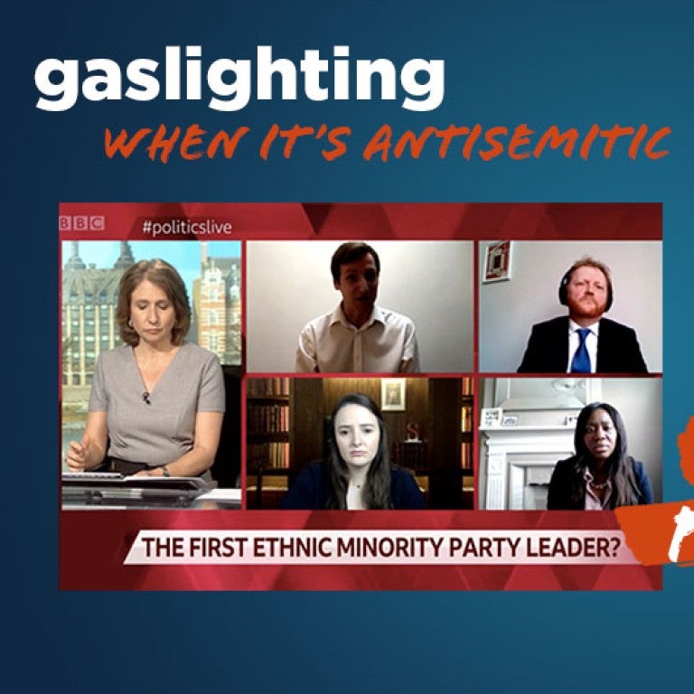 gaslighting - graphic shows a BBC debate questioning whether Jews should be considered an ethnic minority. While the show's hose is Jewish, none of the four selected panelists were Jewish. - Translate Hate