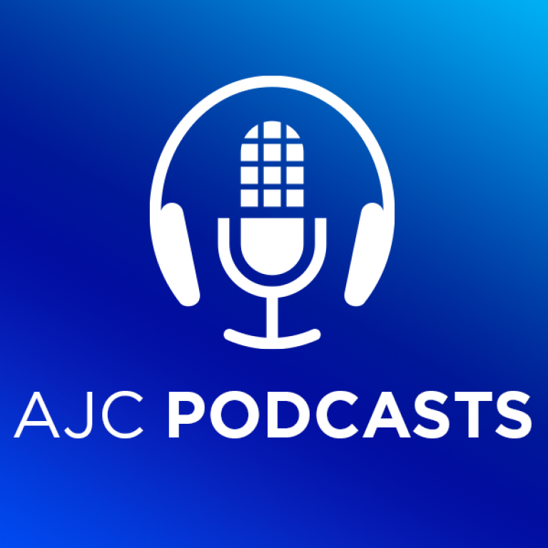 AJC Podcasts written in white on a blue background