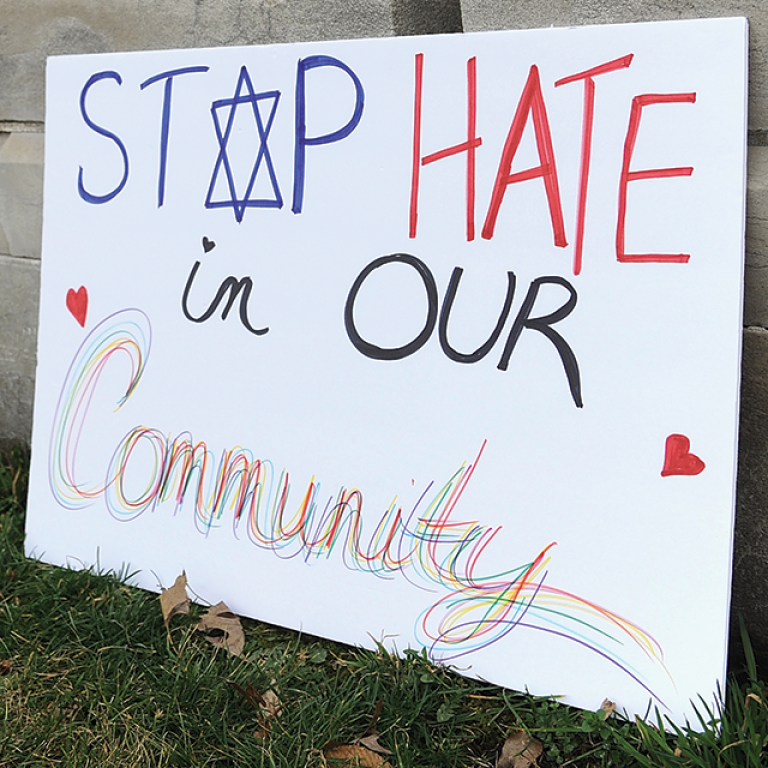 Photo of a sign saying Stop Hate in Our Community